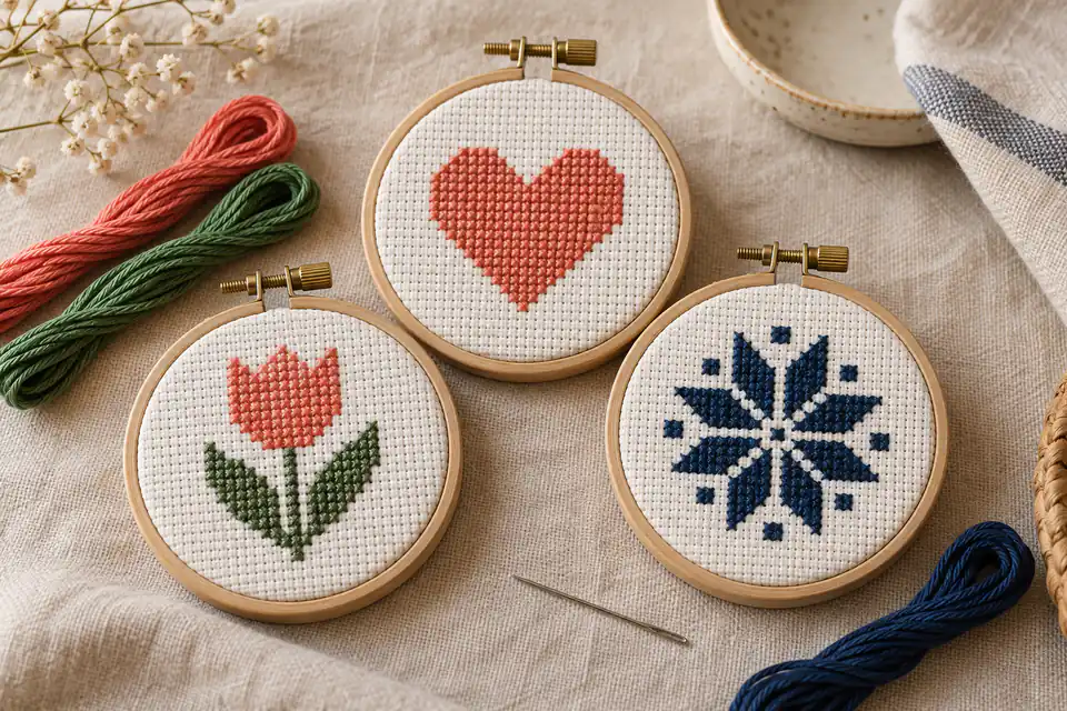Three simple beginner cross stitch projects in hoops: a heart, tulip and star