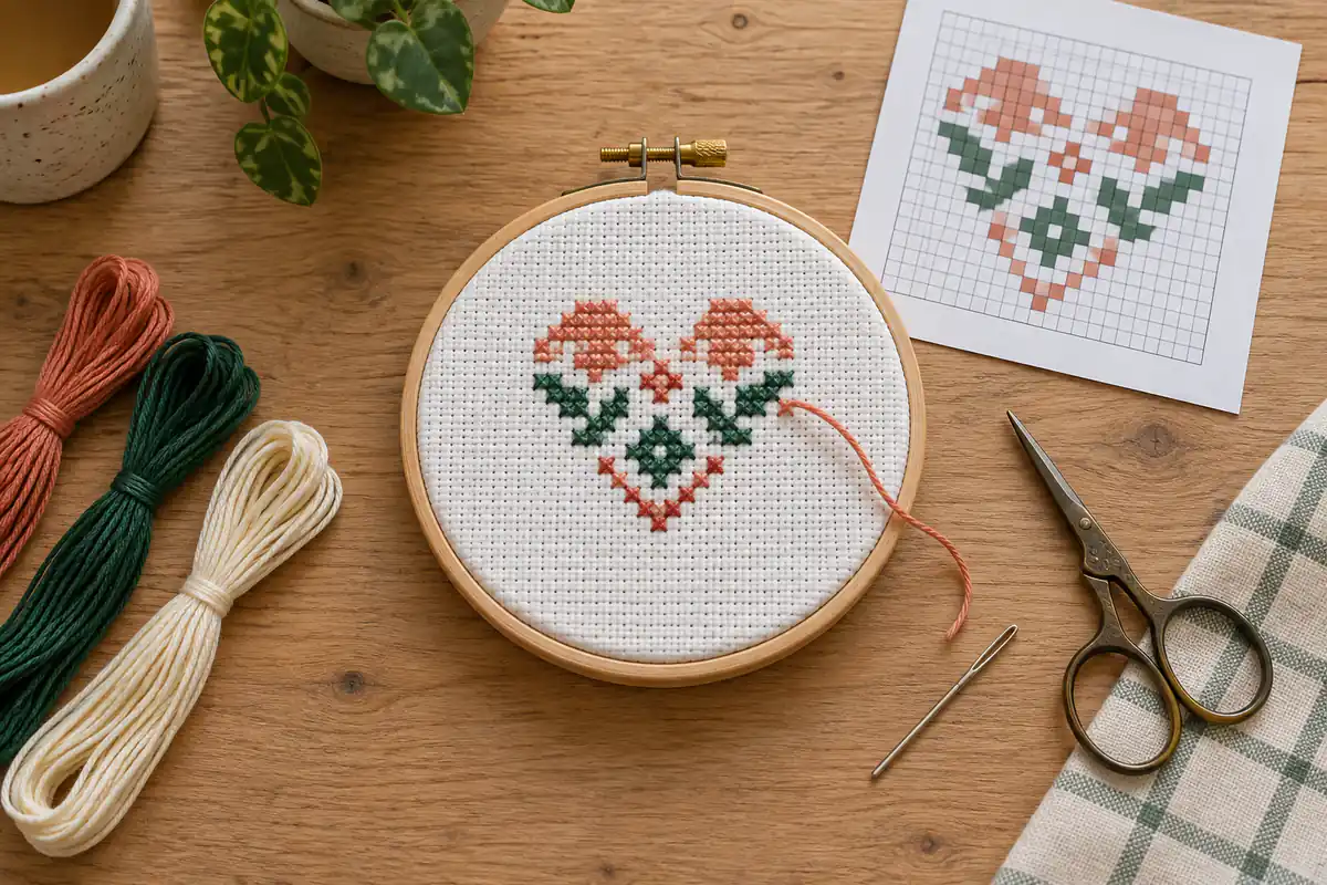 Beginner cross stitch setup with a hoop, Aida fabric, floss, needle and chart